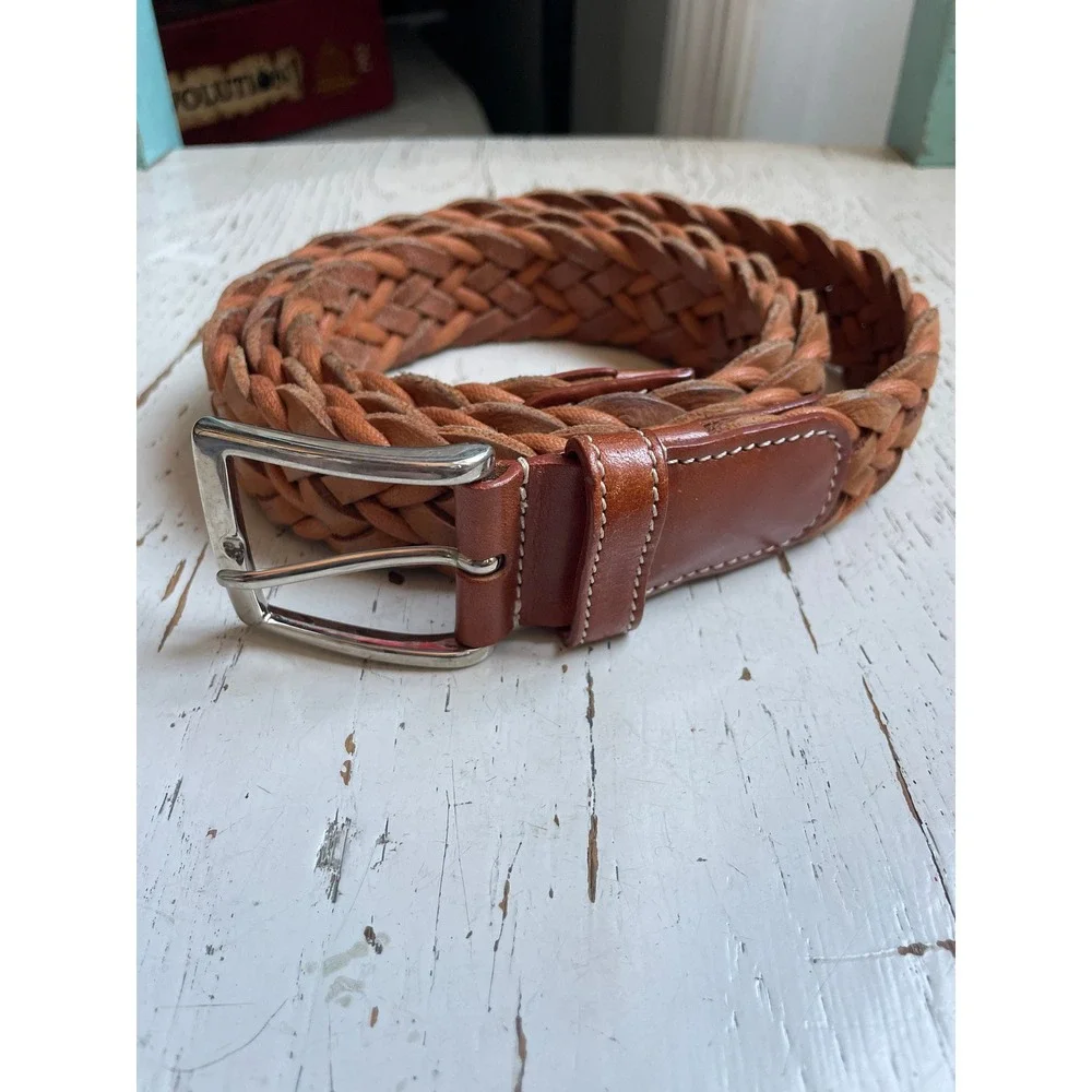 Tuttle Mens Braided Leather Cord Belt Cognac Brown Made in Italy Size 44 Golf